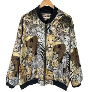 Vintage 80s Atlantic Beach 100% Silk Safari Animal Lightweight Bomber Jacket, XL